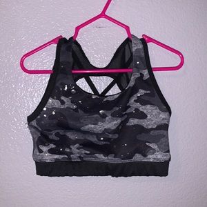 Avia Girls Studio Active Sports Bra Black Silver Paint Spandex Mesh